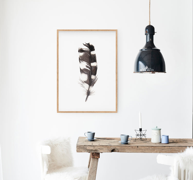 black and white feather colour pencil drawing in an oak frame hanging in a kitchen above a timber table