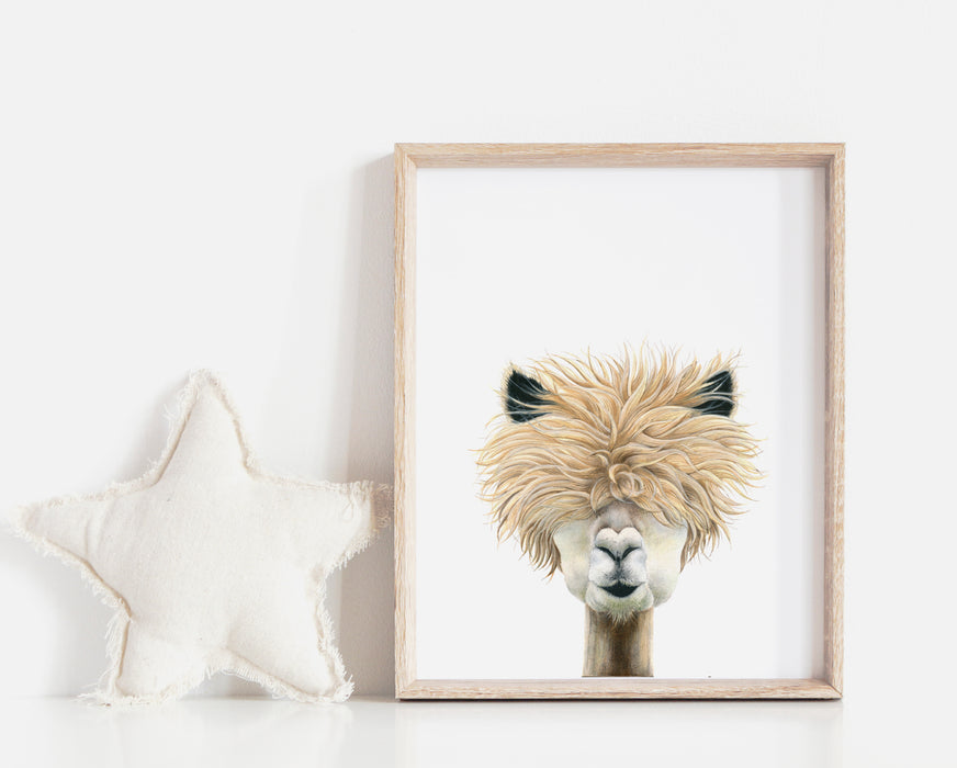 an art print of a drawing of an alpaca in a timber frame in a nursery