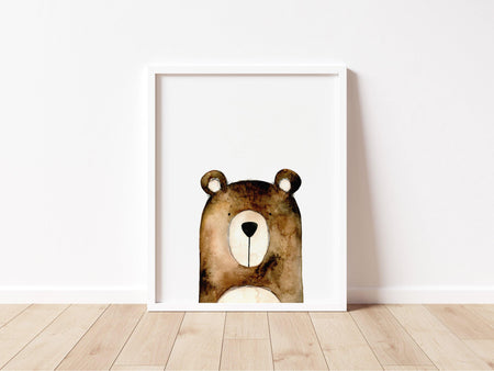 Watercolour Bear Print in  white frame sitting on the floor- the wild woods
