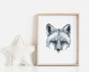 black and white art print of a portrait of a fox in a teak frame 