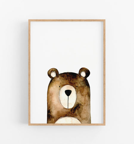 Watercolour Bear Print in a wooden frame- the wild woods