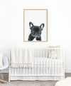 French Bull Dog Art Print in A teak frame hanging in a nursery above a white cot