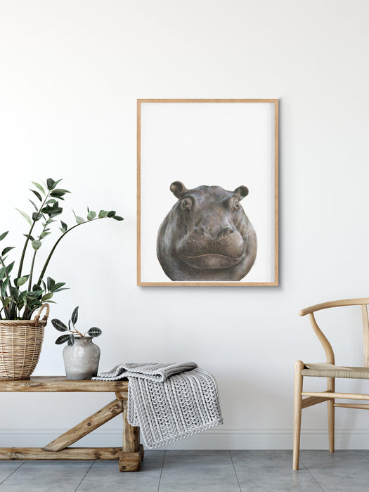 Hippopotamus Art Print in a wooden frame hanging above a timber bench