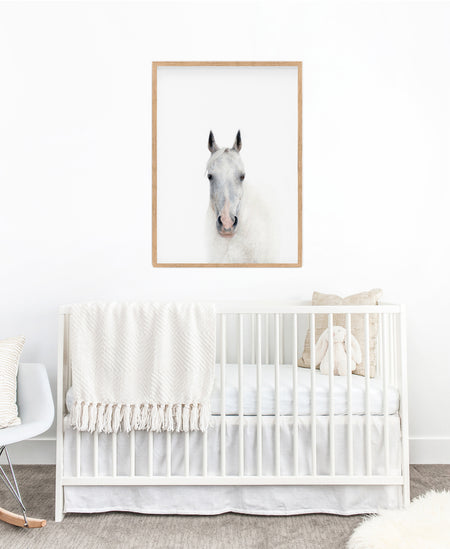 colour pencil drawing of a white horse portrait in a teak frame hanging in a nursery above a cot