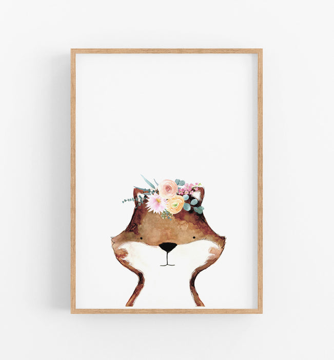 fox with flower crown illustration on a white background in a teak frame