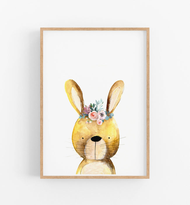 rabbit with flower crown illustration on a white background in a teak frame