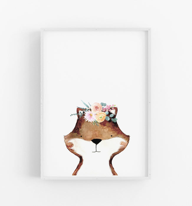 fox with flower crown illustration on a white background in a white frame