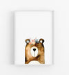 brown bear with flower crown illustration on a white background in a white frame