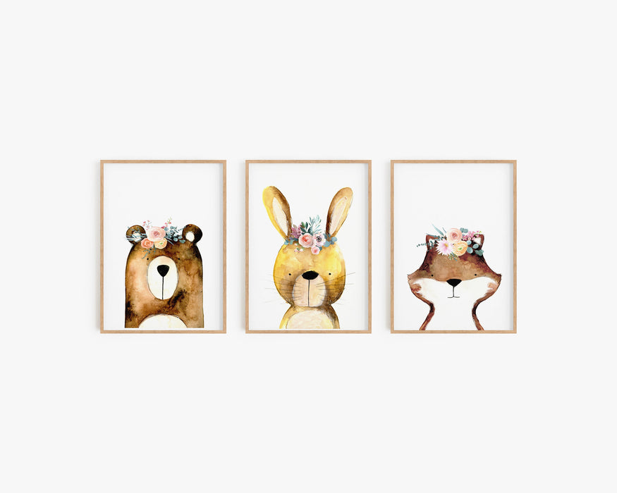 Set of 3 animal illustrations with flower crowns in teak frames