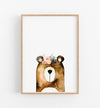 brown bear with flower crown illustration on a white background in a teak frame