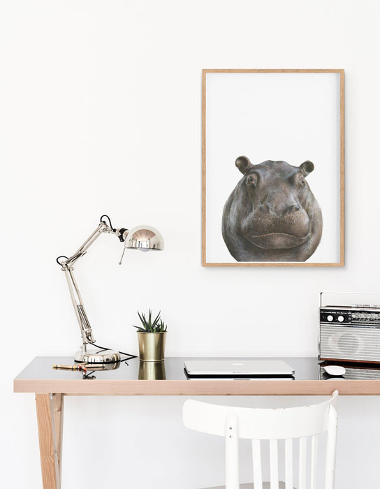 Drawing of a Hippopotamus on a white background in a teak frame hanging above a desk