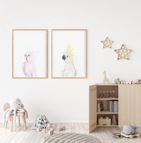 Set of 2 white cockatoo and pink galah bird prints