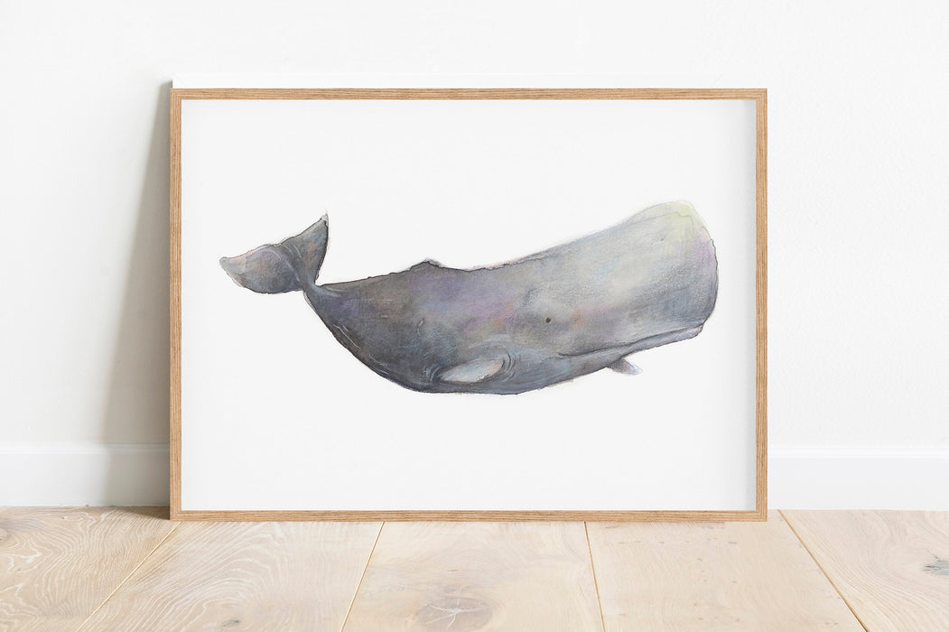 Blue Whale colour pencil drawing hanging in a teak frame