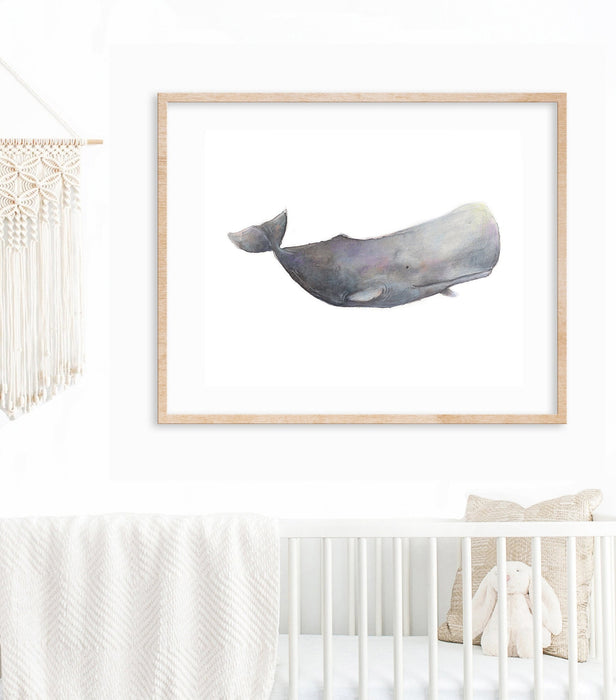 Blue Whale colour pencil drawing hanging in a teak frame above a white cot