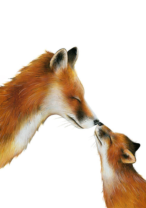 A drawing of a mama fox and her cub touching noses on a white background 