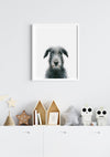 colour pencil illustration of an Irish Wolfhound dog in a white frame hanging in a boys bedroom