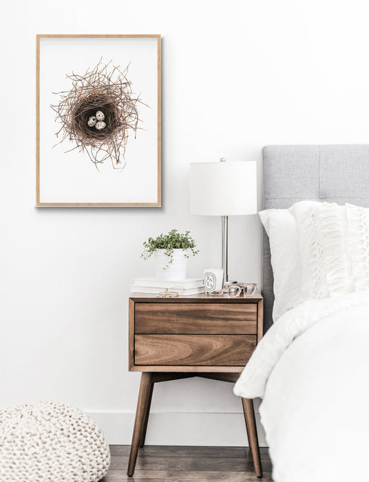 Birds Nest print, Bird Wall Art, Gift for her, Bird lovers gift, Frenchcolour pencil drawing of a birds nest on a white background in a teak frame hanging in a bedroom above the bedside table