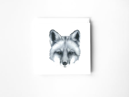 a drawing of a black and white fox in colour pencil on a blank greeting card