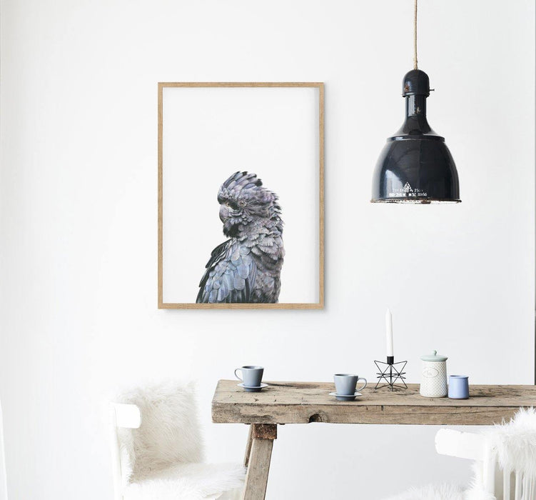 Black Cockatoo Art Print hanging above a rustic table in a kitchen - the wild woods