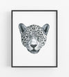 black and white drawing of a leopards head in a black frame