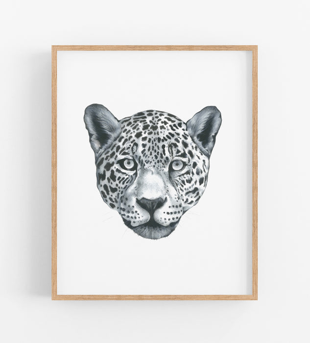 black and white drawing of a leopards head in a timber frame