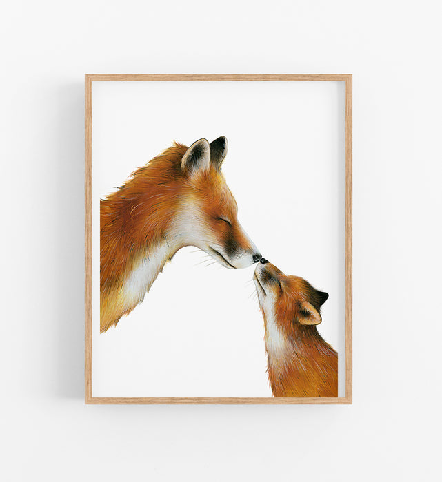 a colour pencil drawing of a mama fox and her cub touching noses in a timber frame