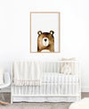 Watercolour Bear Print hanging above a white cot in a Nursery - the wild woods