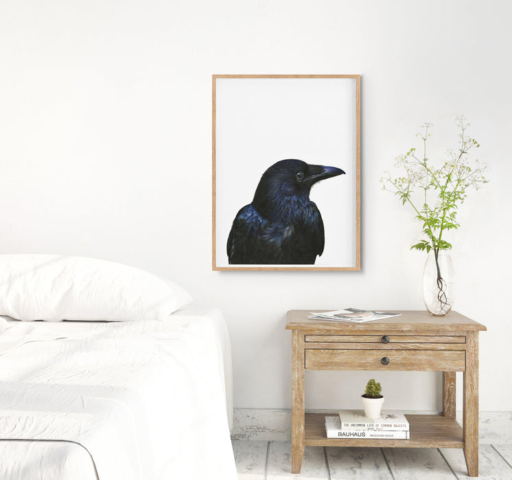Black Bird Art Print hanging in a bedroom - the wild woods