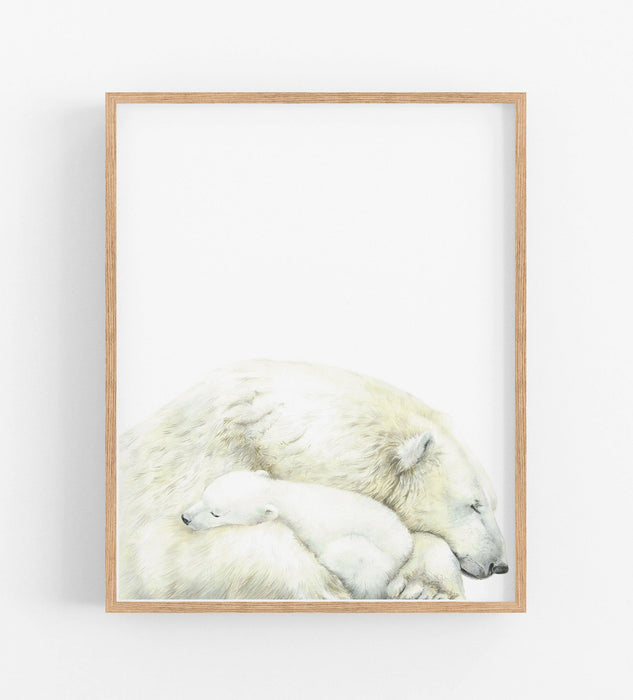 art print of a mother and baby polar bear in a wooden frame