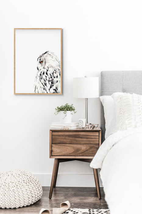  black and white colour pencil drawing of a snowy white owl in a teak frame hanging in a bedroom above a side table